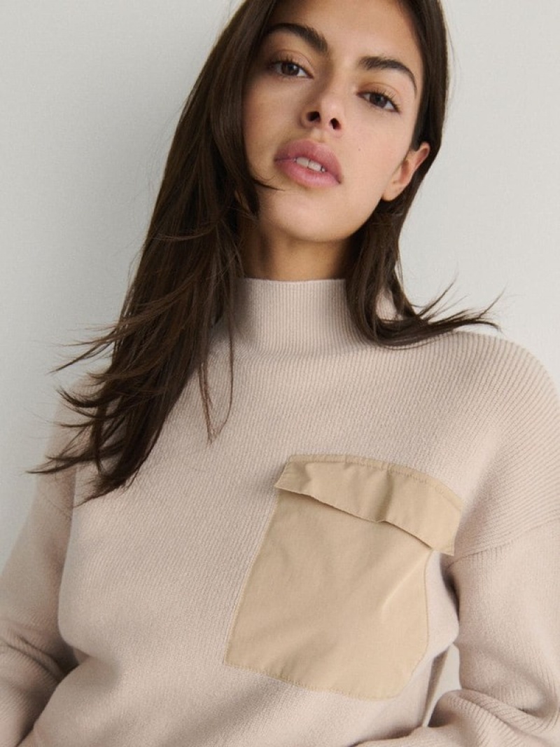 Beige Women's Reserved Mock Neck Sweaters | 46910VTFM