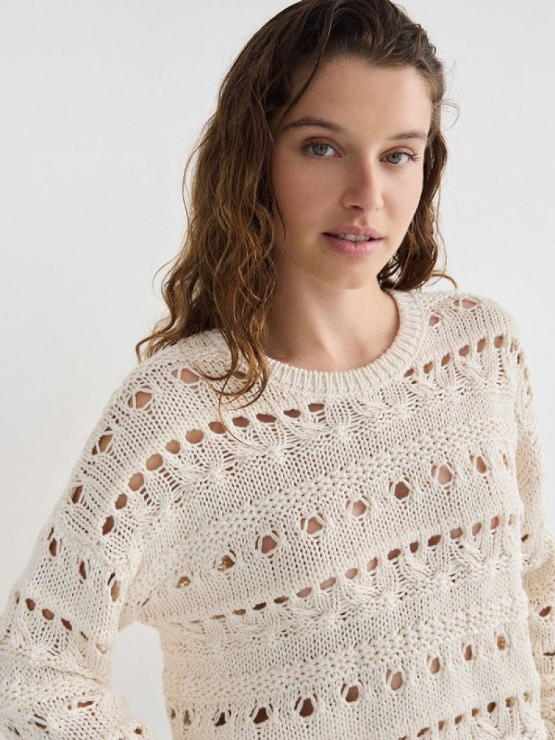 Beige Women's Reserved Openwork Knit Sweaters | 24071ZSMI