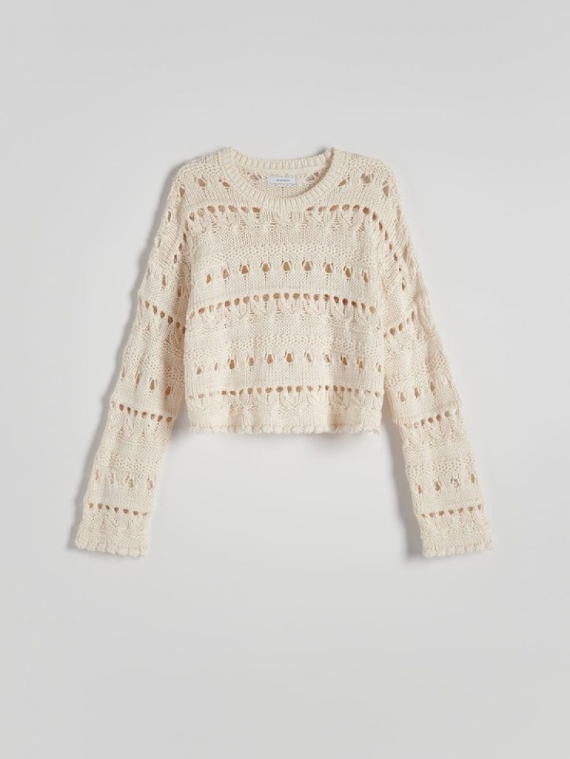 Beige Women's Reserved Openwork Knit Sweaters | 24071ZSMI