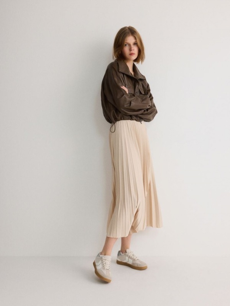 Beige Women's Reserved Pleated Midi Skirts | 05284AXDW