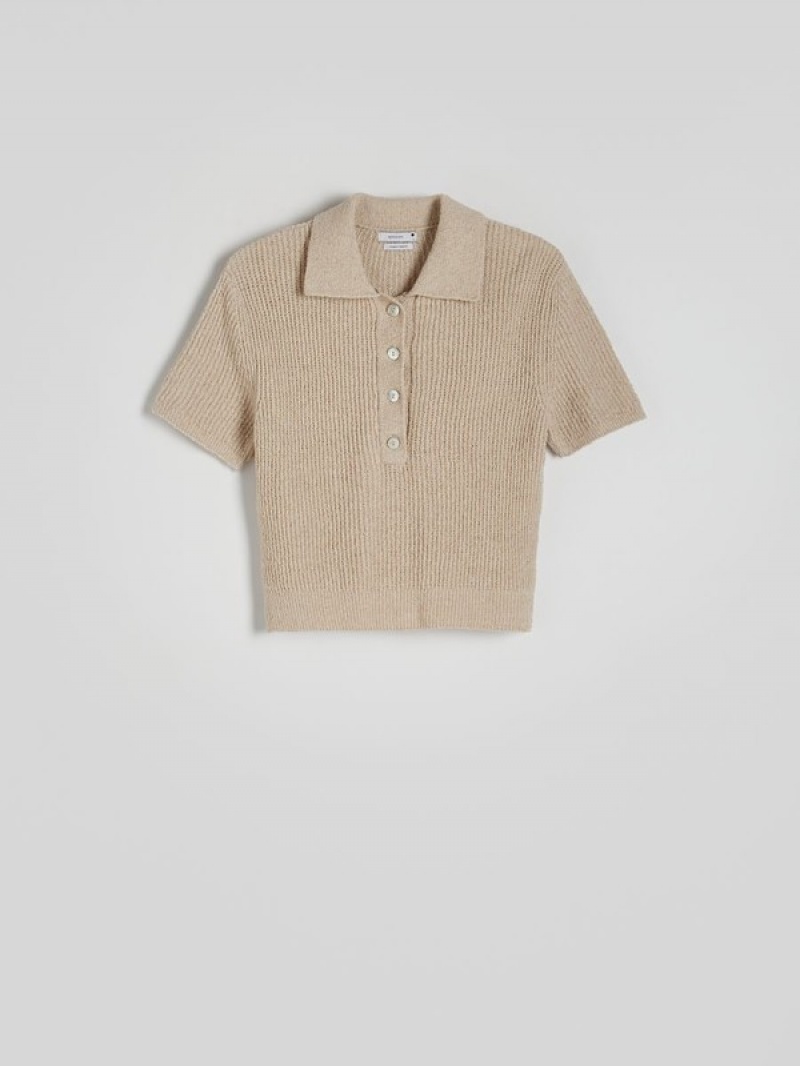 Beige Women's Reserved Polo Style Jersey Shirts | 63508DFUJ