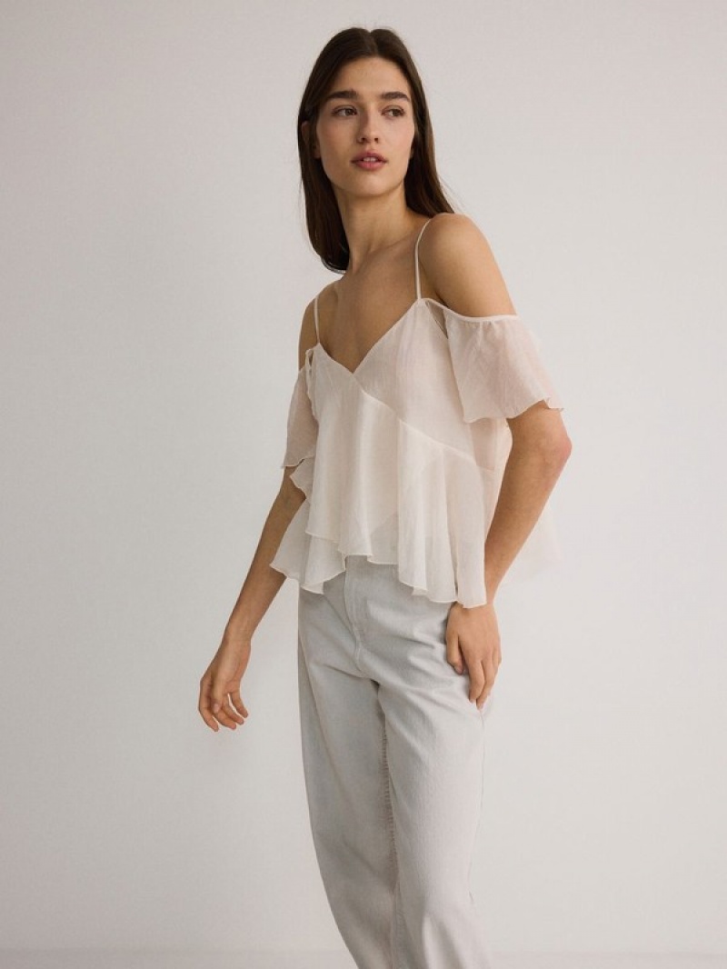 Beige Women's Reserved Ruffle T-shirts | 21935SZIK