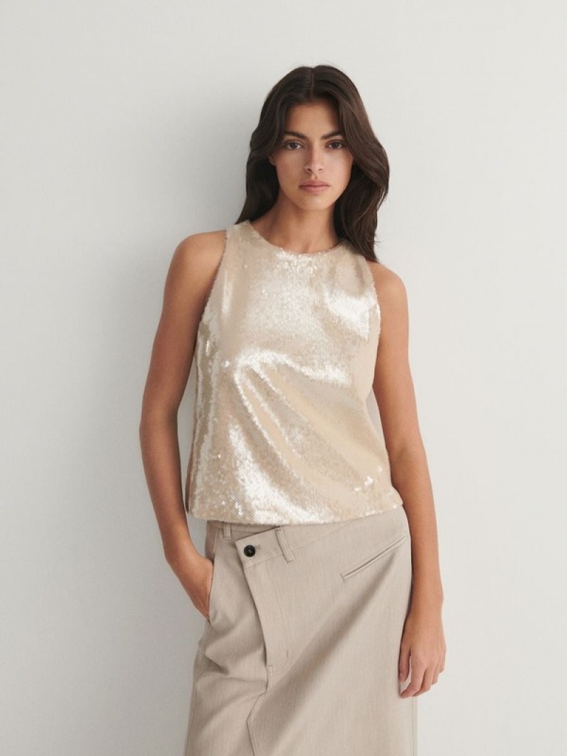 Beige Women's Reserved Sequin Jersey Top T-shirts | 61492CQGX