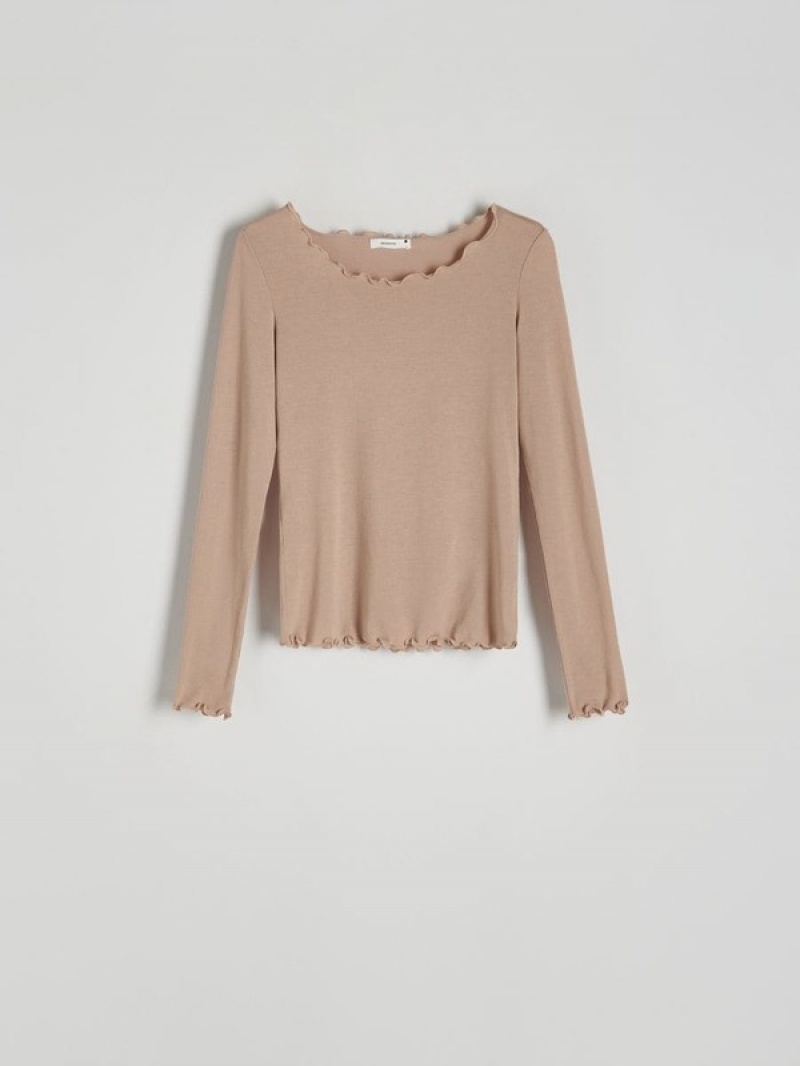 Beige Women's Reserved Silk Top Shirts | 52416SYNZ