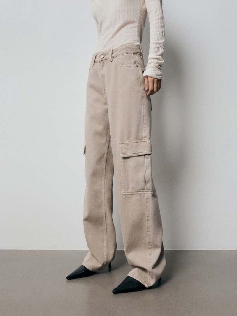 Beige Women's Reserved Wide Leg Cargo Jeans | 74129ZRBK