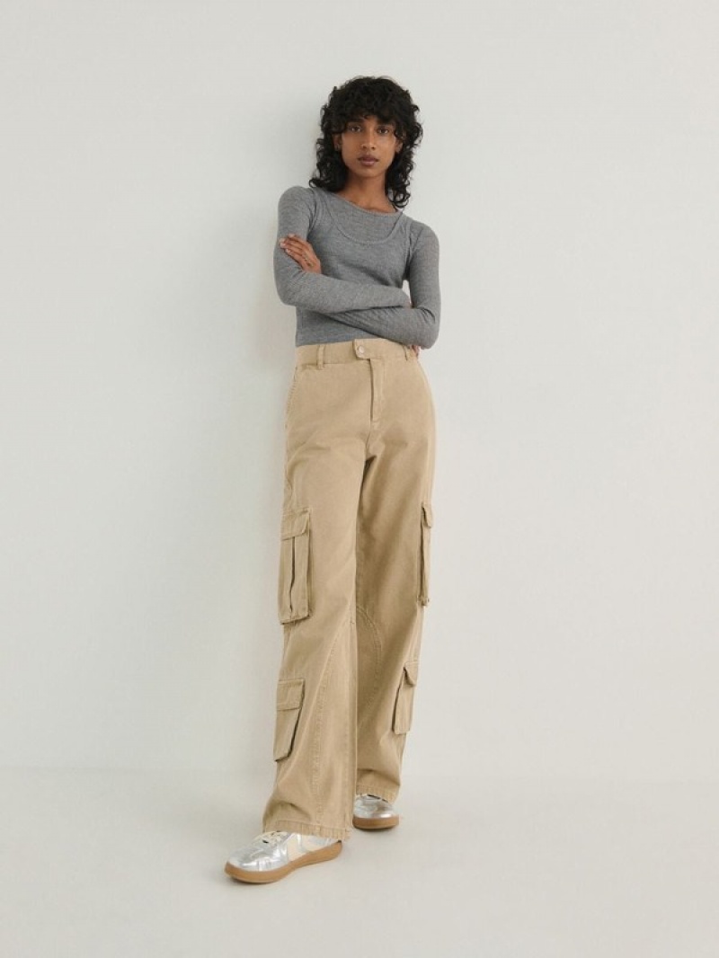 Beige Women's Reserved Wide Leg Trousers | 96325UMZO