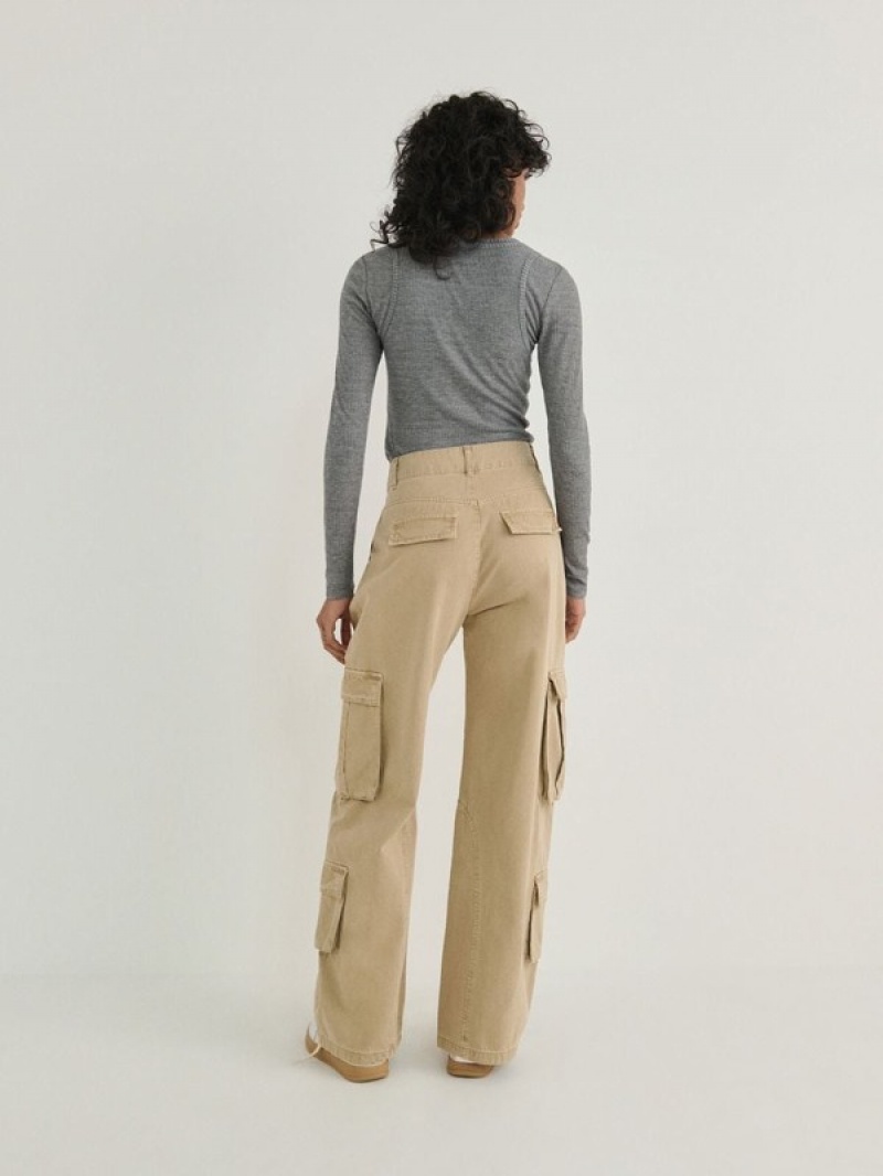 Beige Women's Reserved Wide Leg Trousers | 96325UMZO