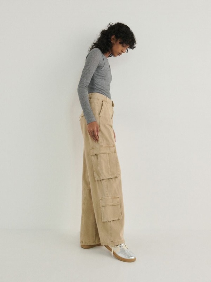 Beige Women\'s Reserved Wide Leg Trousers | 96325UMZO