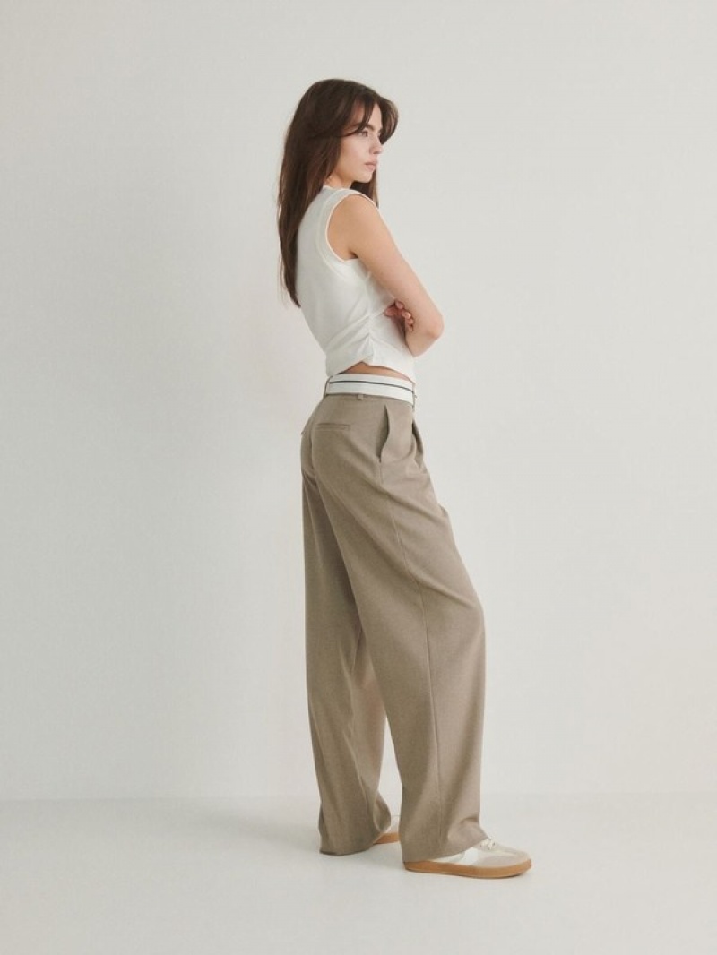 Beige Women's Reserved Wide Legcontrasting Waistband Trousers | 42196JINA