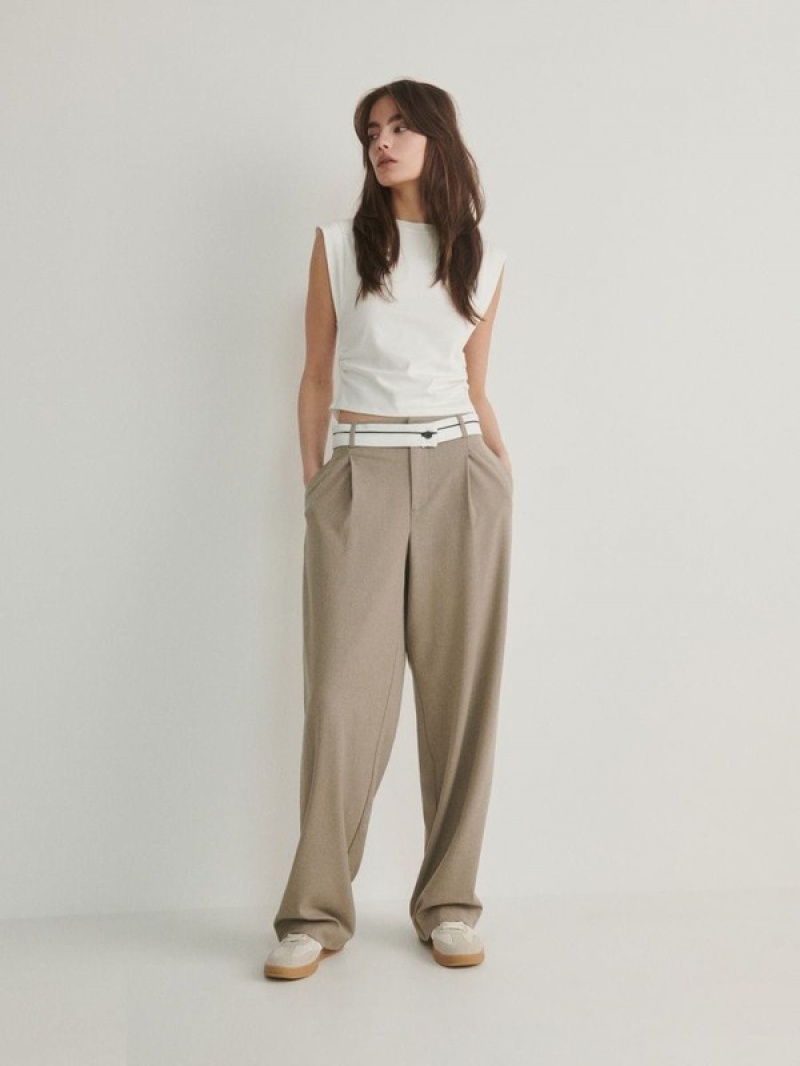 Beige Women's Reserved Wide Legcontrasting Waistband Trousers | 42196JINA