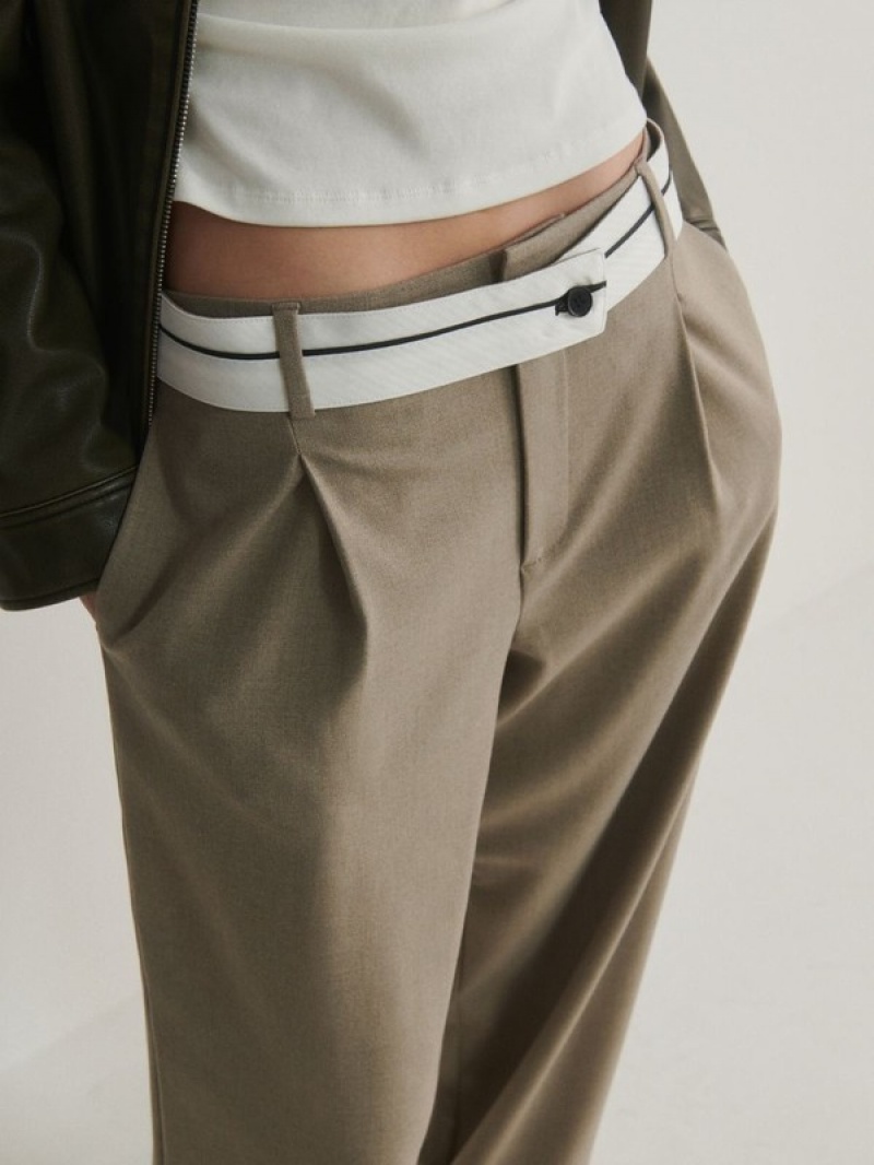 Beige Women's Reserved Wide Legcontrasting Waistband Trousers | 42196JINA