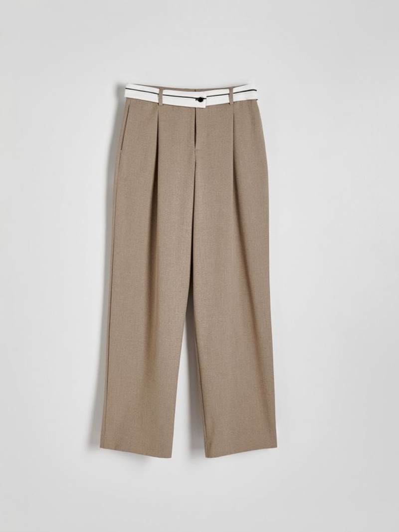 Beige Women's Reserved Wide Legcontrasting Waistband Trousers | 42196JINA