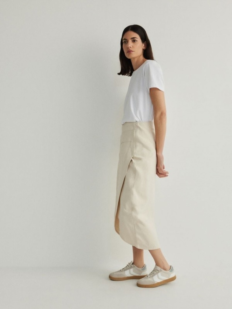 Beige Women's Reserved Wrap Front Midi Skirts | 60293BCTF