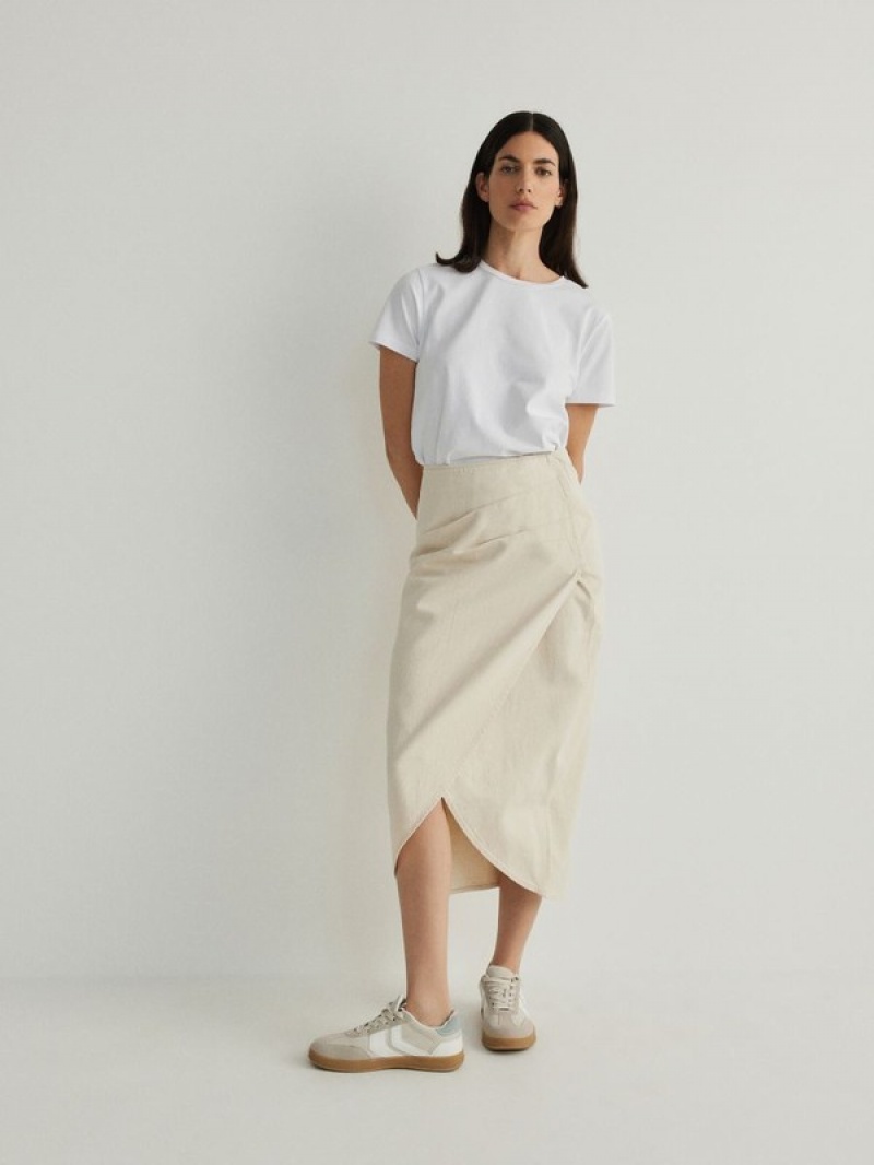 Beige Women\'s Reserved Wrap Front Midi Skirts | 60293BCTF