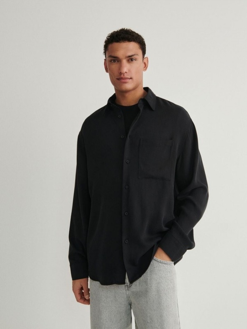 Black Men's Reserved Lyocell Rich Comfort Fit Shirts | 09674URTL