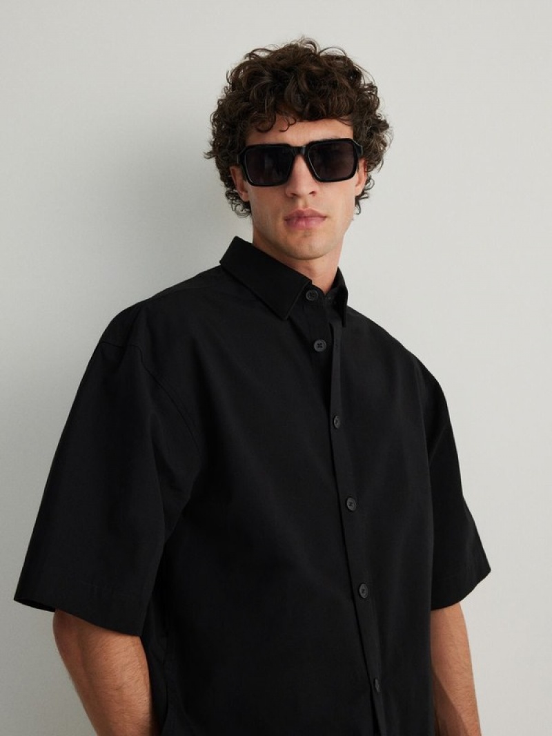 Black Men's Reserved Oversized Shirts | 49537UXLH