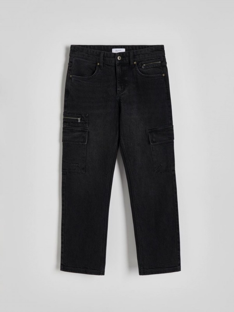 Black Men's Reserved Regular Cargo Jeans | 91735LTKO