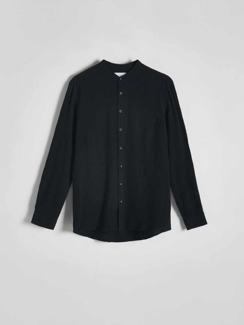 Black Men's Reserved Regular Fit Mandarin Collar Shirts | 78019TCEB