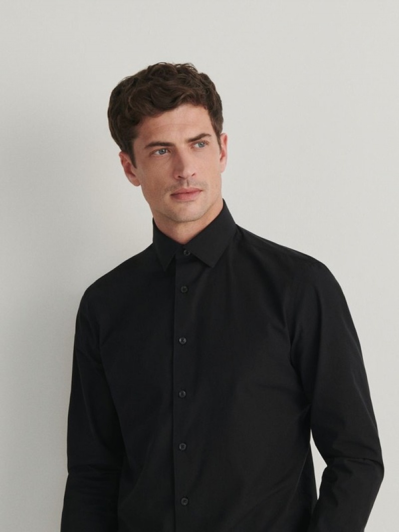 Black Men's Reserved Slim Fit Shirts | 76093YSQJ