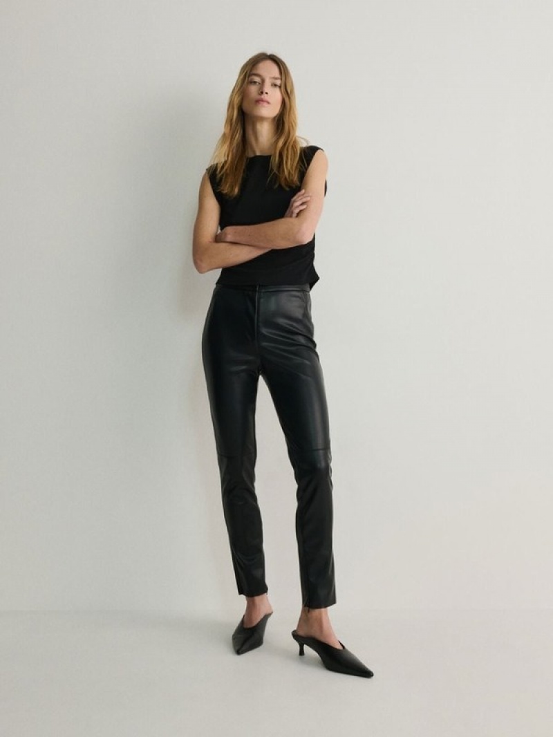 Black Women's Reserved Faux Leather Trousers | 81605BZCO