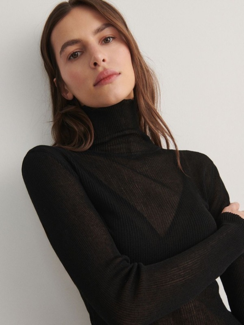 Black Women's Reserved Fine Rib Knit Turtleneck Sweaters | 35642BNQD