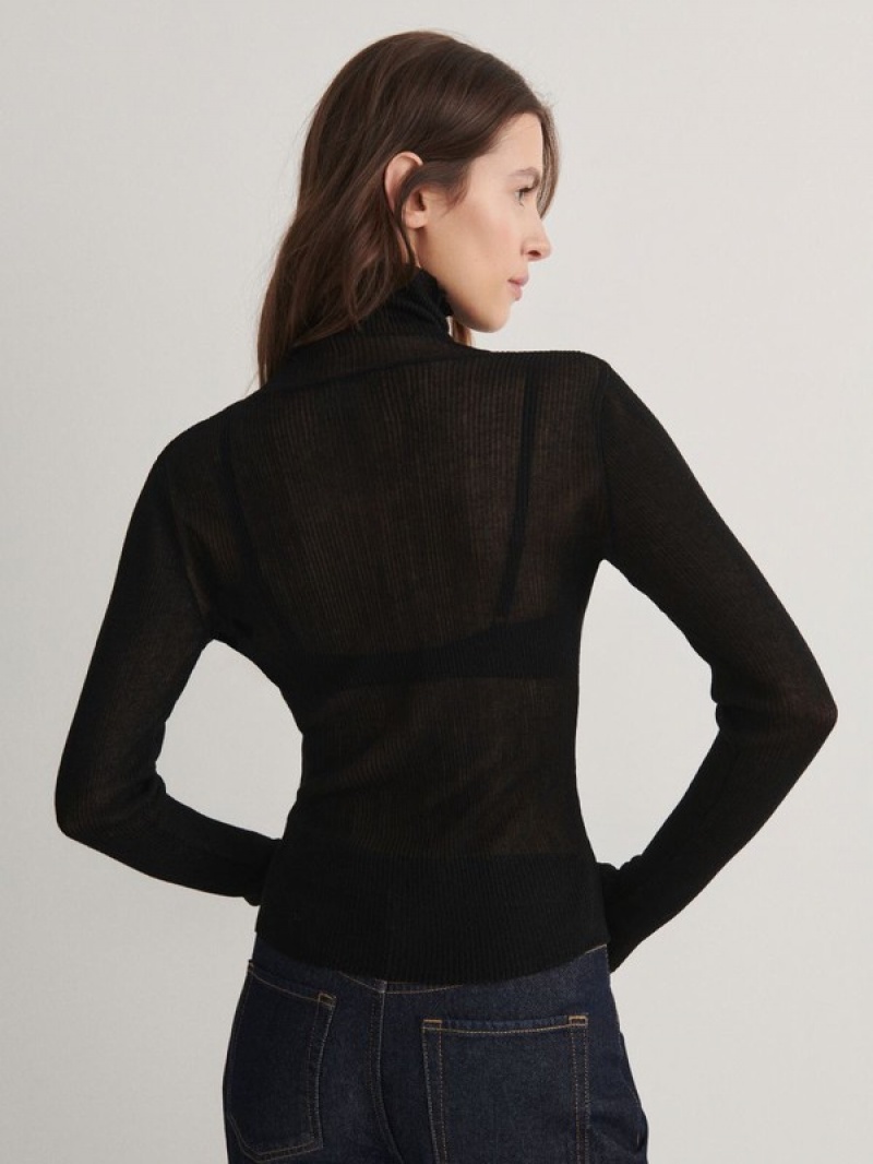 Black Women's Reserved Fine Rib Knit Turtleneck Sweaters | 35642BNQD