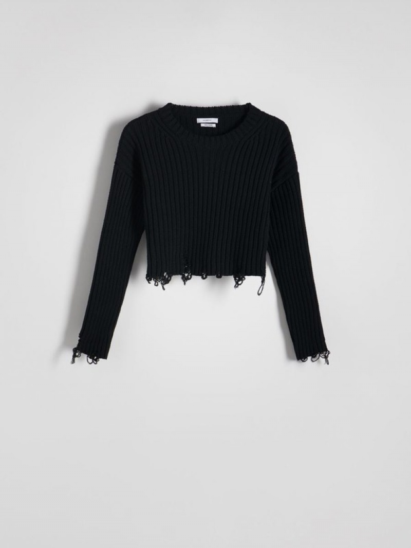 Black Women's Reserved Frayed Hem Sweaters | 96451JVMR