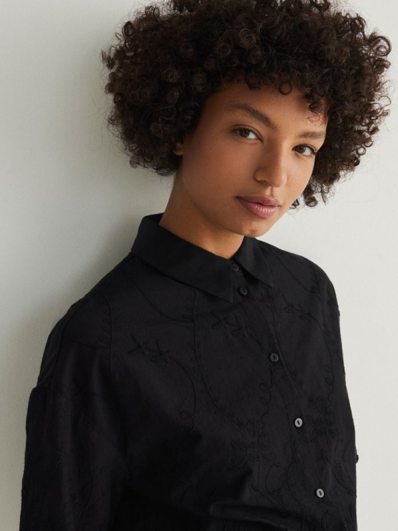 Black Women's Reserved Openwork Pattern Shirts | 05279BHQP