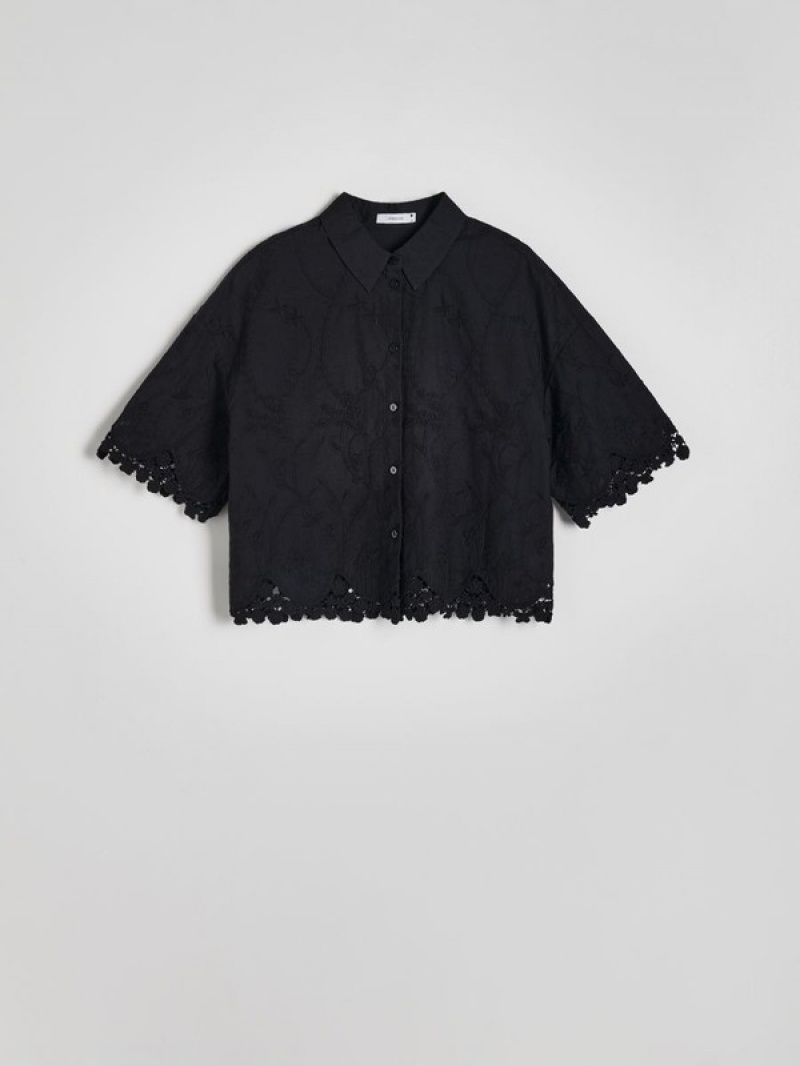 Black Women's Reserved Openwork Pattern Shirts | 05279BHQP