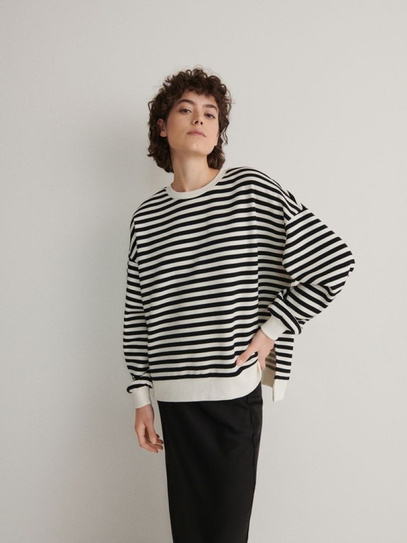 Black Women's Reserved Oversized Stripe Sweatshirts | 89516UBMS