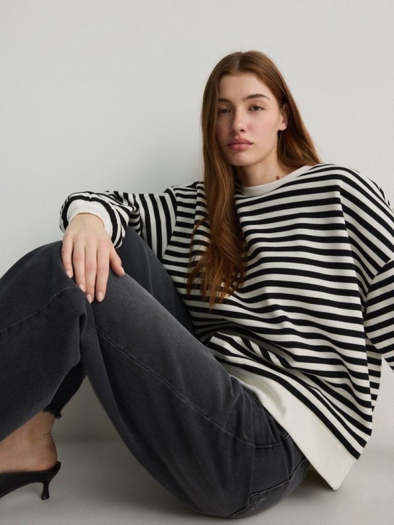 Black Women's Reserved Oversized Stripe Sweatshirts | 19473ZQLR