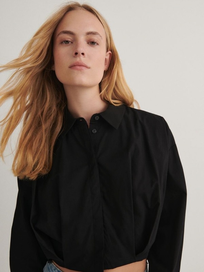 Black Women's Reserved Pleats Shirts | 39845ARFY