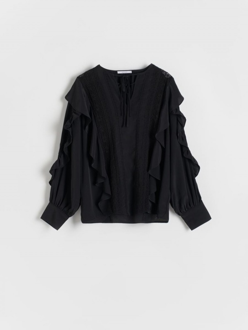 Black Women's Reserved Ruffle Shirts | 83720QNMG