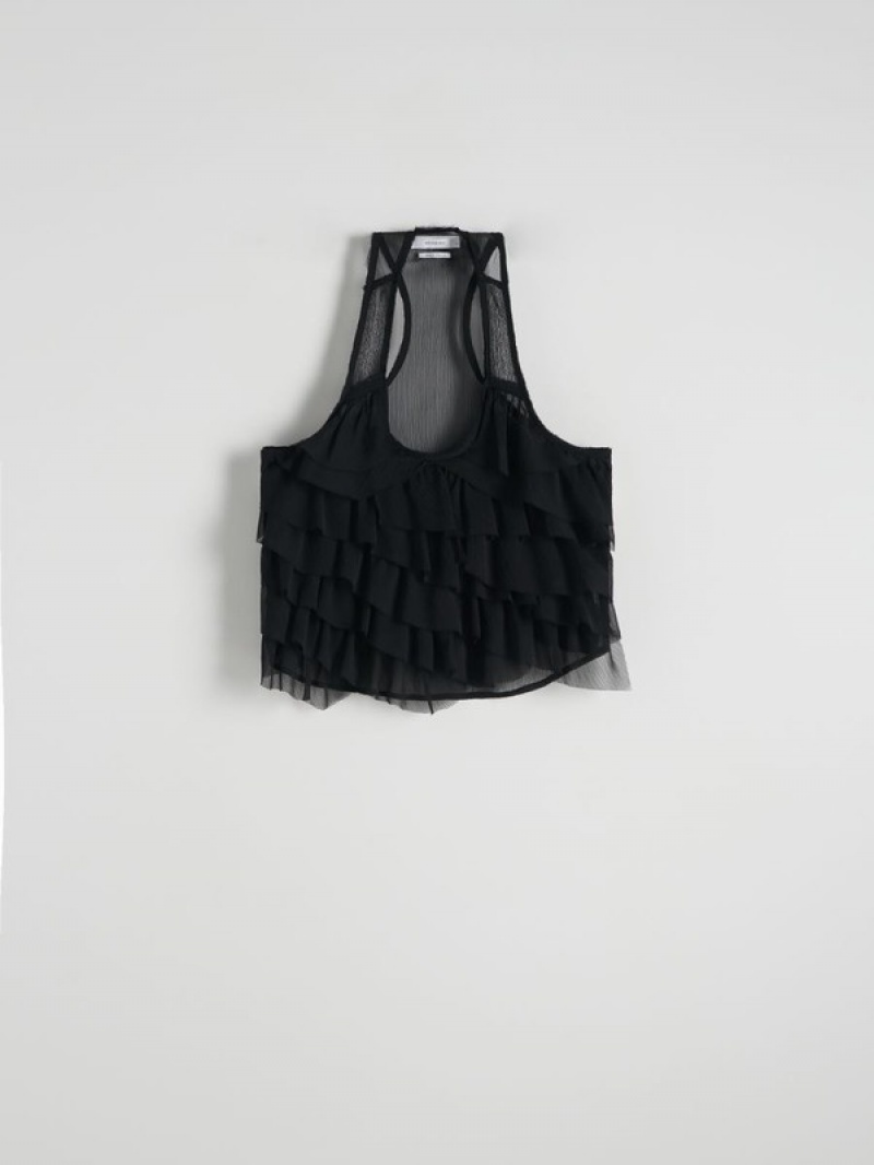 Black Women's Reserved Ruffle Top T-shirts | 68375ZPCG