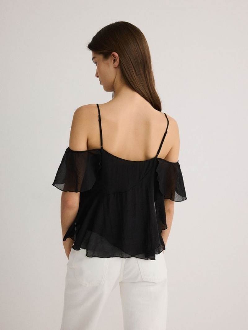 Black Women's Reserved Ruffle T-shirts | 10489RNHG