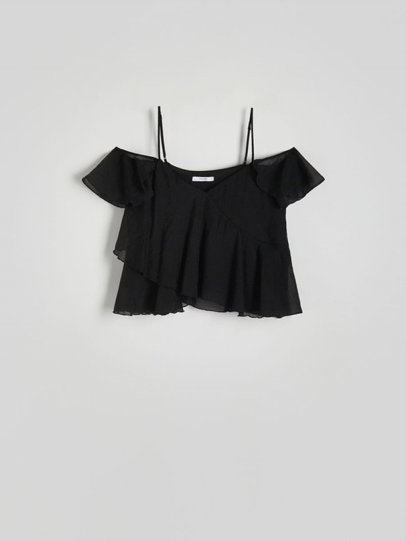 Black Women's Reserved Ruffle T-shirts | 10489RNHG