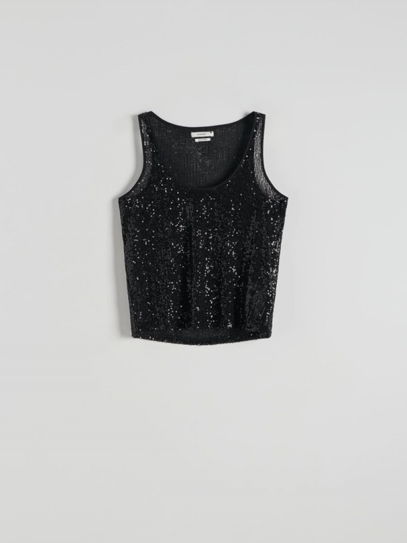 Black Women's Reserved Sequin Top Shirts | 47125ZOLT