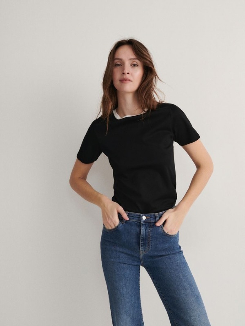 Black Women's Reserved T-contrasting Trim T-shirts | 75821WEJI