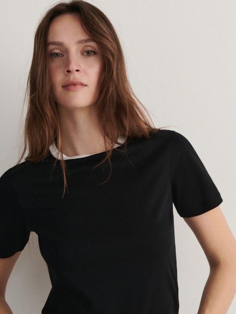 Black Women's Reserved T-contrasting Trim T-shirts | 75821WEJI