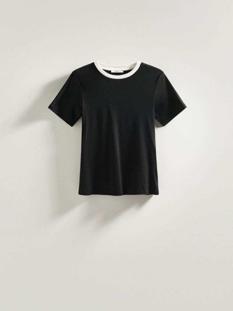 Black Women's Reserved T-contrasting Trim T-shirts | 75821WEJI