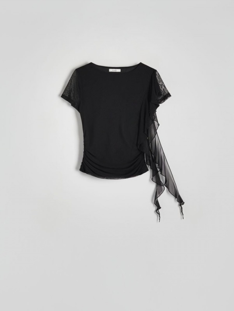 Black Women's Reserved T-decorative Trimming Shirts | 69072AIWG