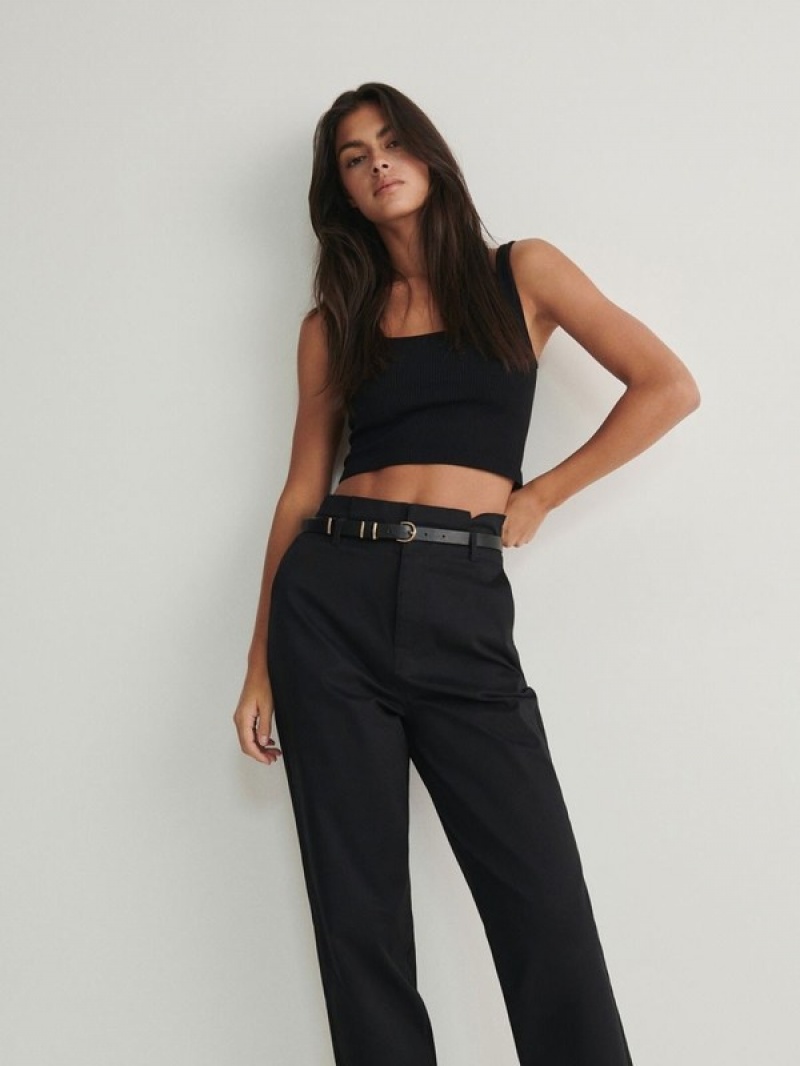 Black Women's Reserved Tie Waist Trousers | 48670GULK