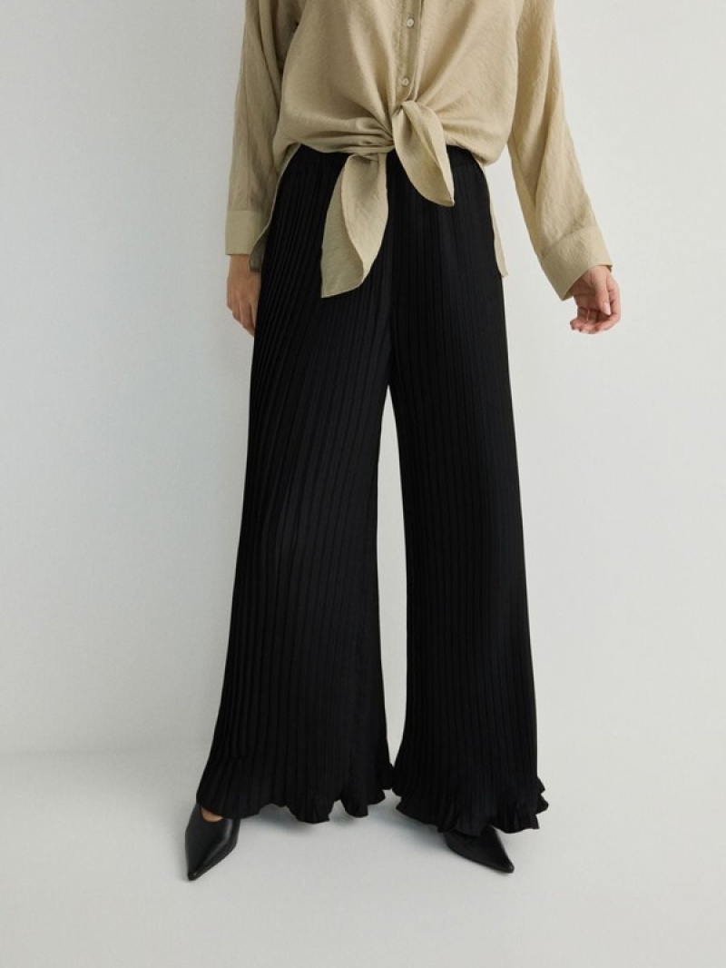 Black Women's Reserved Viscose Rich Pleated Trousers | 20183VIWA