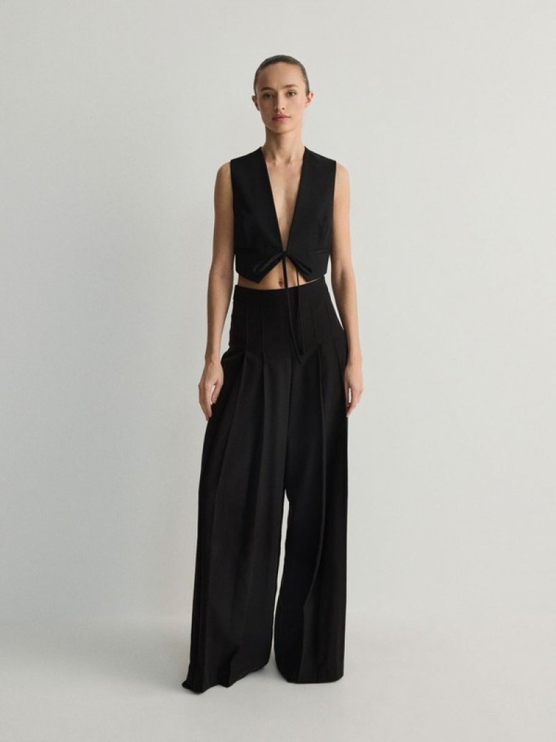 Black Women\'s Reserved Viscose Rich Wide Leg High Waist Trousers | 85340YDQP