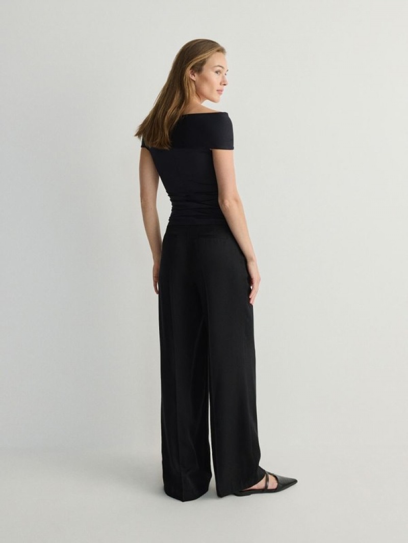 Black Women's Reserved Wide Leg Lyocell Trousers | 31467NGIE