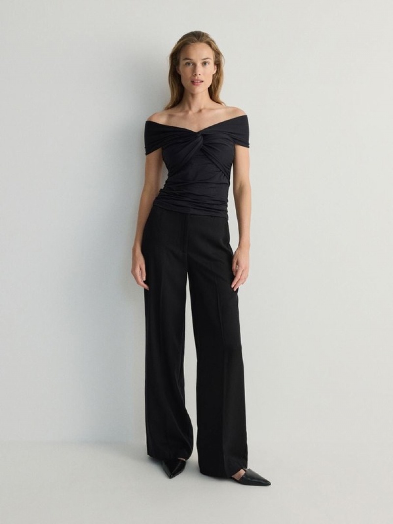 Black Women\'s Reserved Wide Leg Lyocell Trousers | 31467NGIE