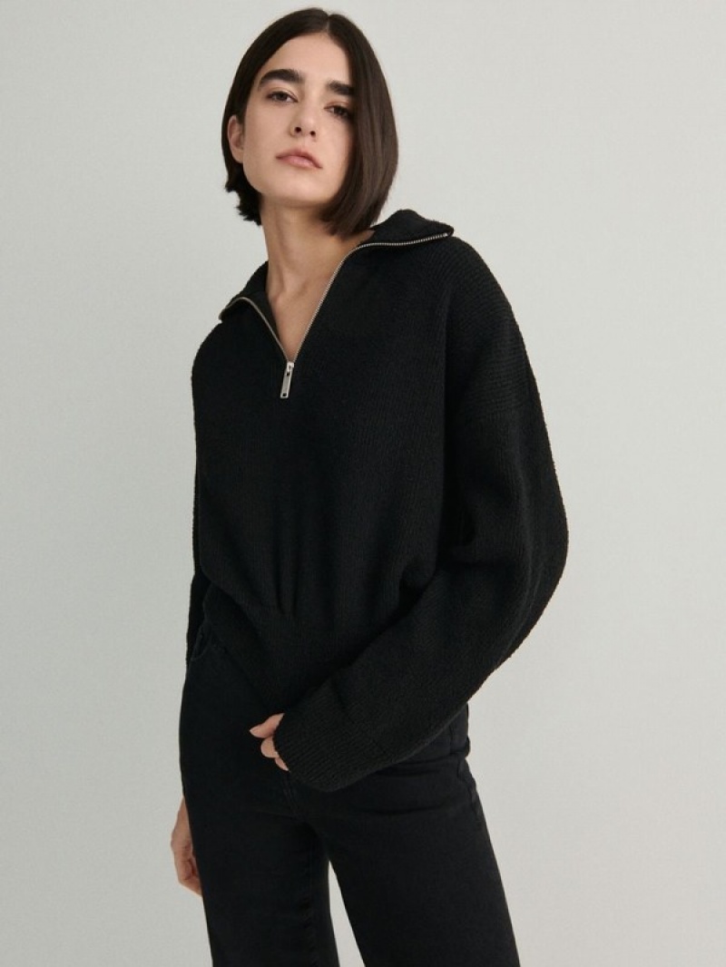 Black Women's Reserved Zipped Turtle-neck Sweaters | 57402JTRG