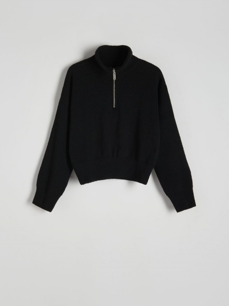 Black Women's Reserved Zipped Turtle-neck Sweaters | 57402JTRG