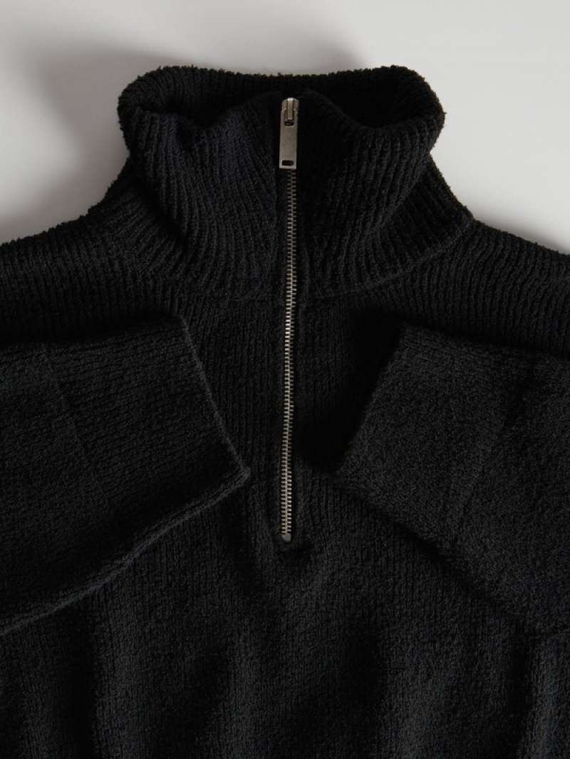 Black Women's Reserved Zipped Turtle-neck Sweaters | 57402JTRG