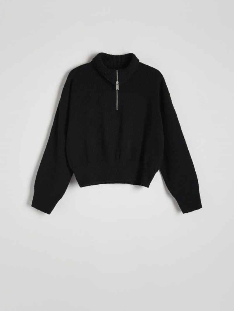 Black Women's Reserved Zipped Turtle-neck Sweaters | 57402JTRG